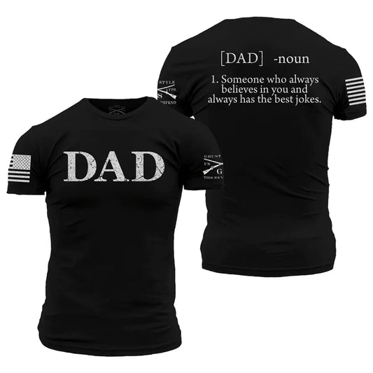 Grunt Style Dad Defined graphic tee in black, front and back views