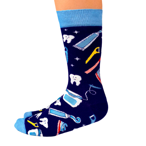 Best Gift for your Dentist. Teeth and dentist tools are in an all over pattern with dark blue back ground. Women's Socks