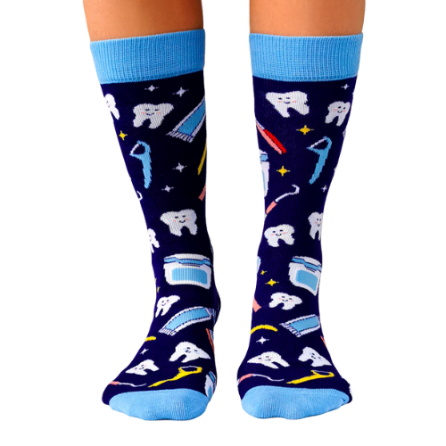 Best Gift for your Dentist. Teeth and dentist tools are in an all over pattern with dark blue back ground. Women's Socks