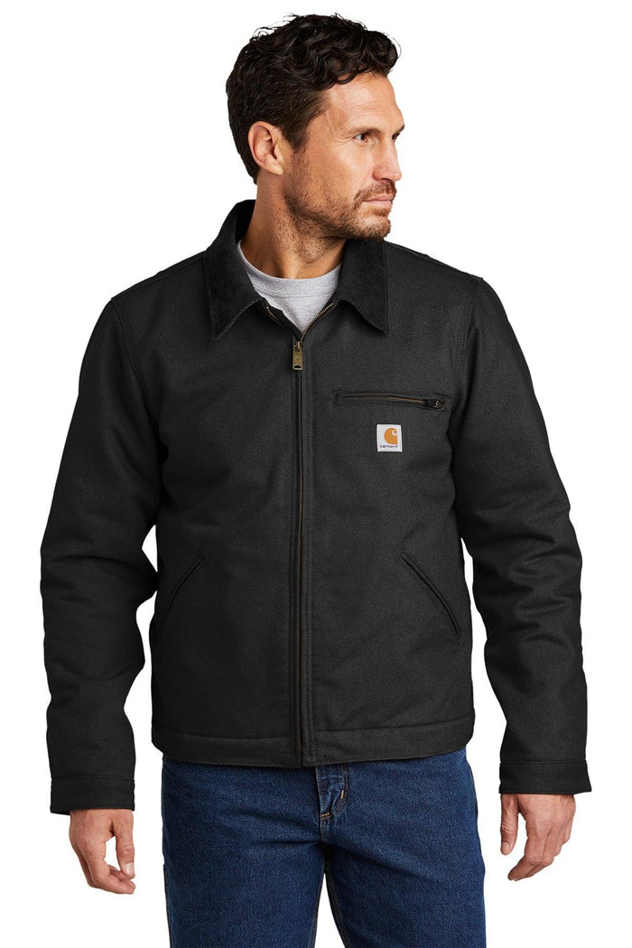 Carhartt Detroit jacket in black, front view shown worn, big and tall sizes available