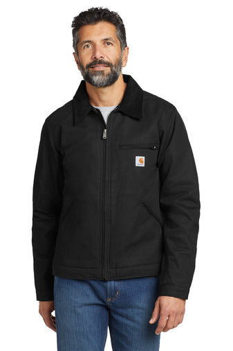 Carhartt Detroit duck work jacket in black, additional front view of the jacket worn