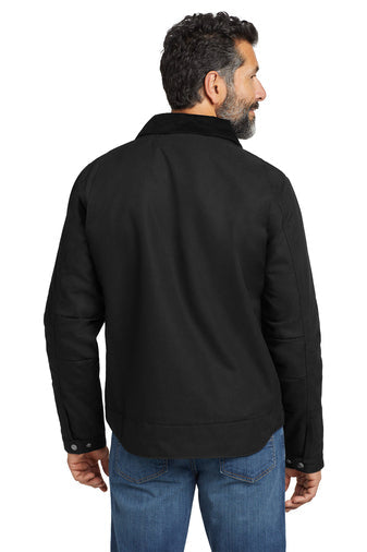 Back view of the Carhartt Detroit duck work jacket in black, rear of the garment worn