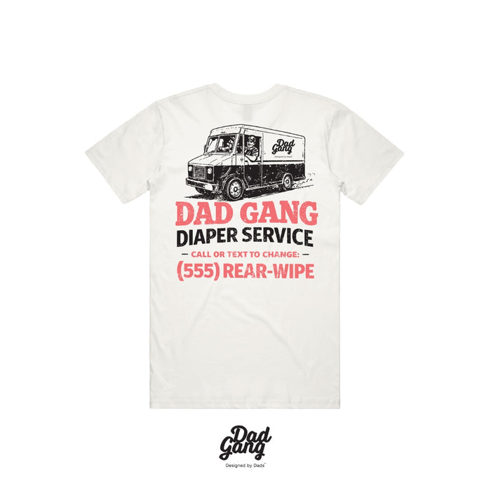 Diaper Service short sleeve graphic tee by Dad Gang in white, main product view of the print