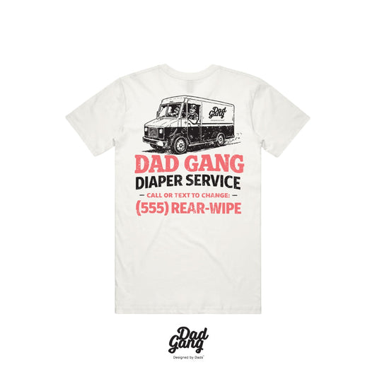 Diaper Service short sleeve graphic tee by Dad Gang in white, main product view of the print