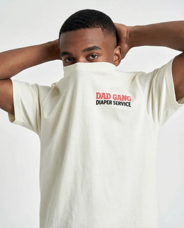Diaper Service graphic tee by Dad Gang in white, additional gallery view of the shirt