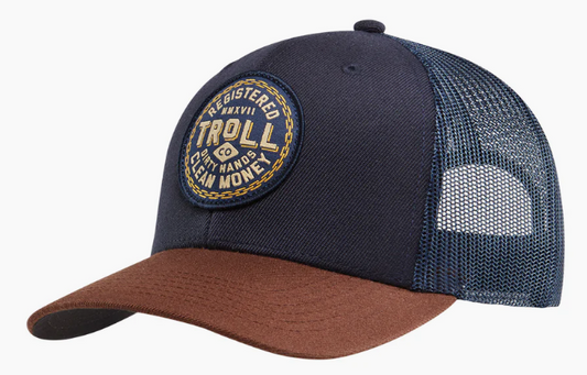 Troll Co. DHCM Chain Gang curved bill snapback hat in navy and brown