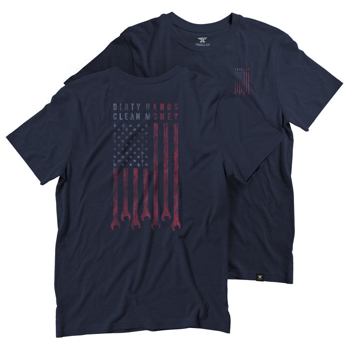 Troll Co. DHCM Flagship tee in navy, flat lay of the print