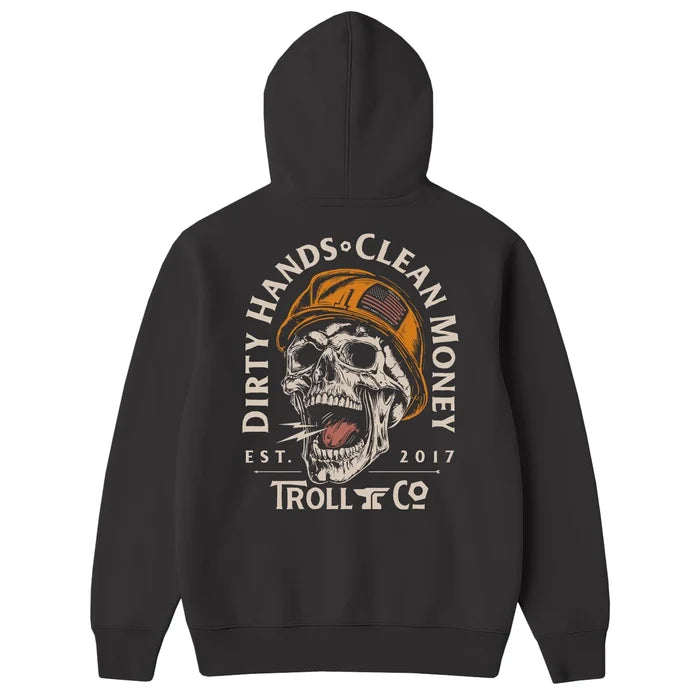 Back view of the Troll Co. DHCM Hardhat hooded sweatshirt in tar