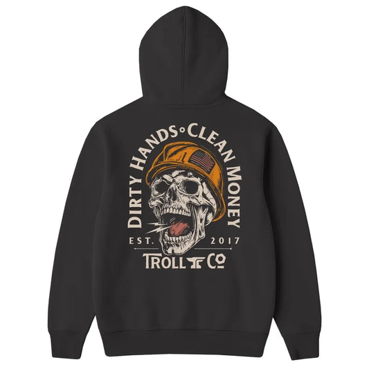 Back view of the Troll Co. DHCM Hardhat hooded sweatshirt in tar