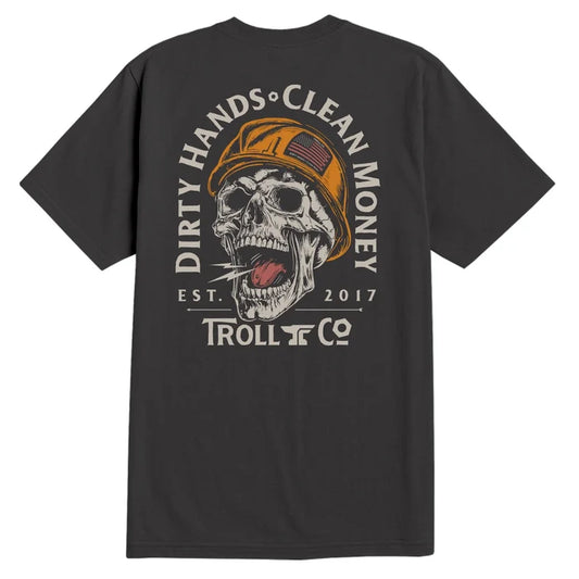 Back view of the Troll Co. DHCM Hardhat graphic t-shirt in tar