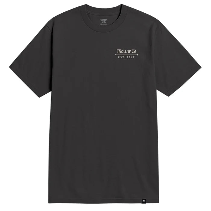 Front view of the Troll Co. DHCM Hardhat graphic t-shirt in tar