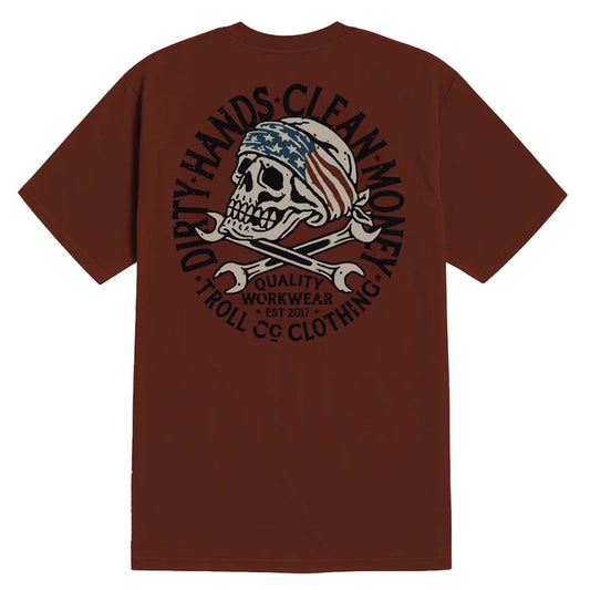 Back view of the Troll Co. DHCM Pirate graphic t-shirt in red clay