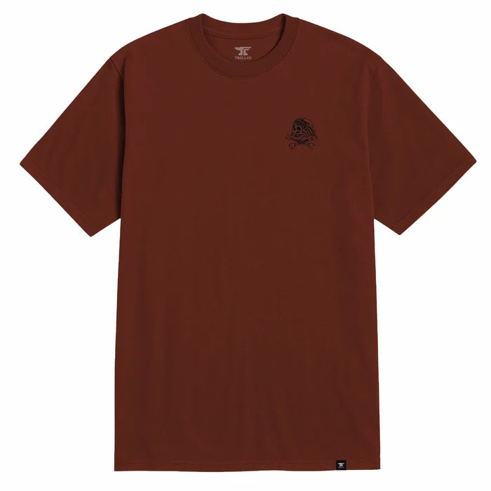 Front view of the Troll Co. DHCM Pirate graphic t-shirt in red clay