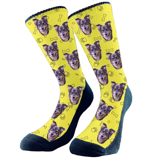 This party outline of dog bones and paw prints all over pattern is a real hit. We will crop your dog's face or full body onto the sock style you choose. Get custom socks with your very own fur babies face on them! They make the perfect gift for anyone who loves their dog! Perfect for any holiday, birthday, or anniversary!