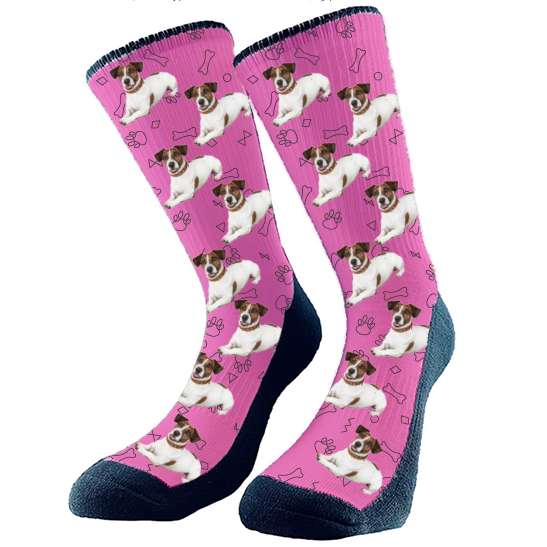 This party outline of dog bones and paw prints all over pattern is a real hit. We will crop your dog's face or full body onto the sock style you choose. Get custom socks with your very own fur babies face on them! They make the perfect gift for anyone who loves their dog! Perfect for any holiday, birthday, or anniversary!