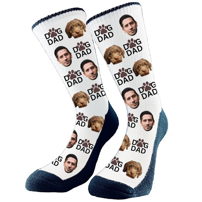 Add 2 faces to Custom 'Dog Dad' socks featuring a fun design for proud dog owners, made by The Sock Bar.