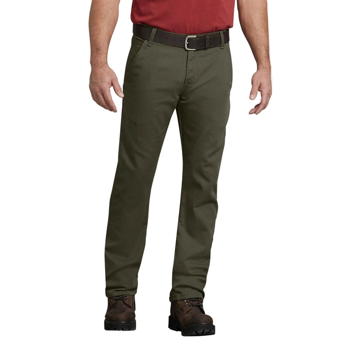 Dickies FLEX regular fit duck carpenter pant in stonewashed moss green, front view