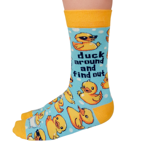 Custom 'Duck Around' socks featuring a playful duck design, perfect for adding some fun to your sock collection.