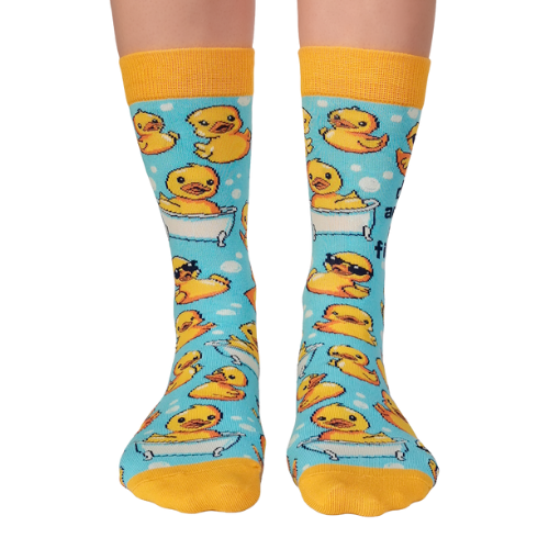 Custom 'Duck Around' socks featuring a playful duck design, perfect for adding some fun to your sock collection.
