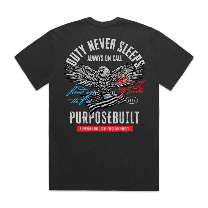 Duty Never Sleeps short sleeve graphic tee in black, main product view of the front print