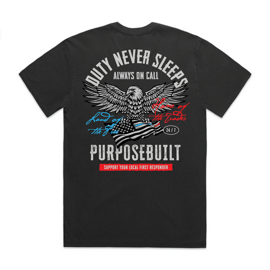 Duty Never Sleeps short sleeve graphic tee in black, main product view of the front print