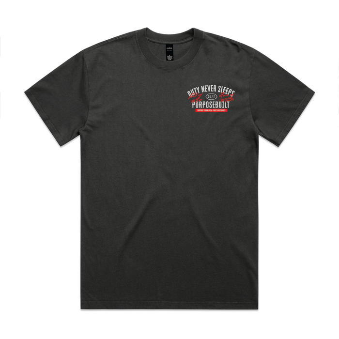 Duty Never Sleeps short sleeve graphic tee in black, alternate product view of the print