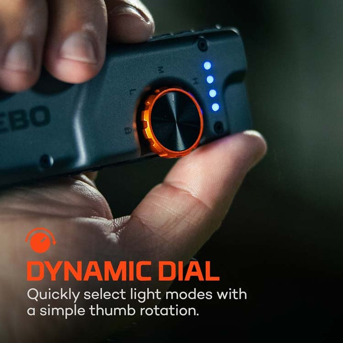 Feature graphic for the Nebo Edge 2K light, illustrating the dynamic dial control