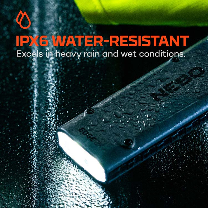 Feature graphic for the Nebo Edge 2K light, indicating it is water resistant