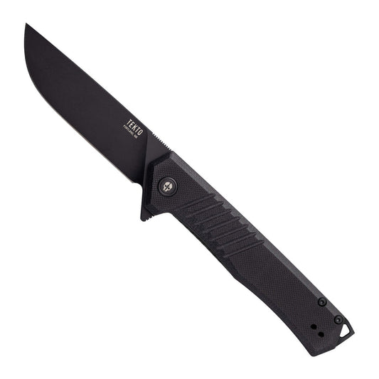 Tekto F1 Alpha folding knife with black G10 handle and black accent hardware