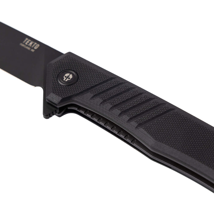 Tekto F1 Alpha black G10 folding knife, further product view of the blade