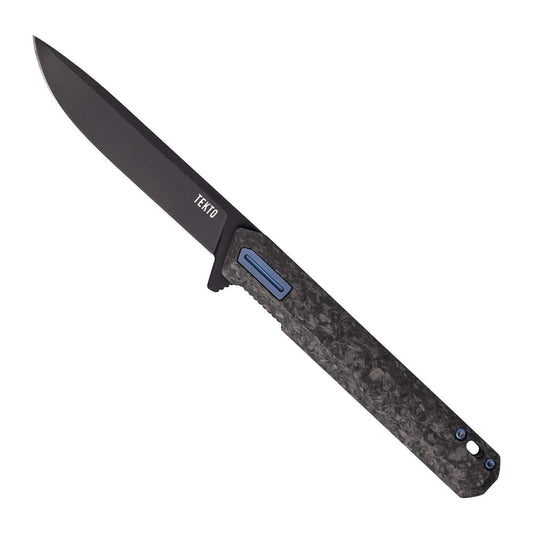 Tekto F2 Bravo folding knife in forged carbon with blue accent hardware