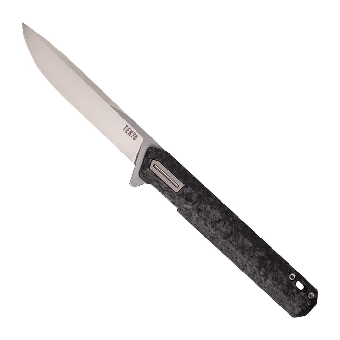 Tekto F2 Bravo folding knife in forged carbon with silver accent hardware