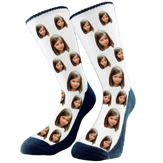 Custom socks add your photo of a person or face, we crop it and repeat the pattern across the design. Choose your background color and make it personalized.
