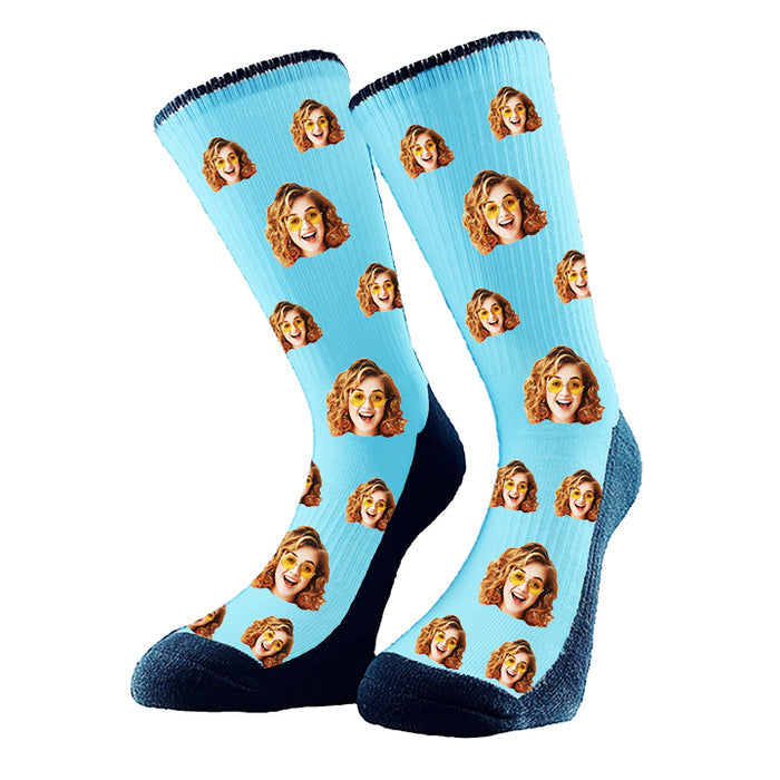 Custom socks add your photo of a person or face, we crop it and repeat the pattern across the design. Choose your background color and make it personalized.
