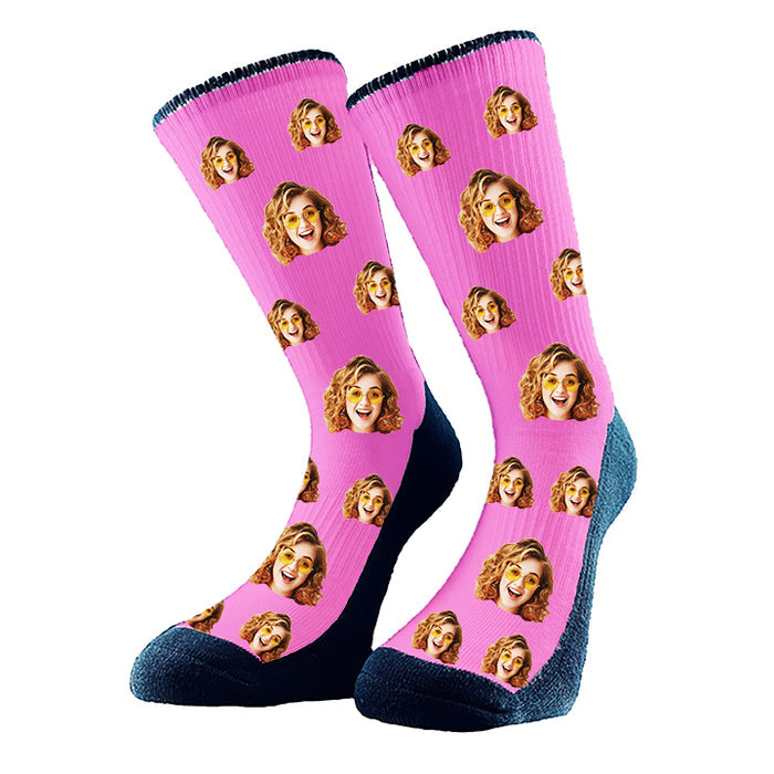 Custom socks add your photo of a person or face, we crop it and repeat the pattern across the design. Choose your background color and make it personalized.