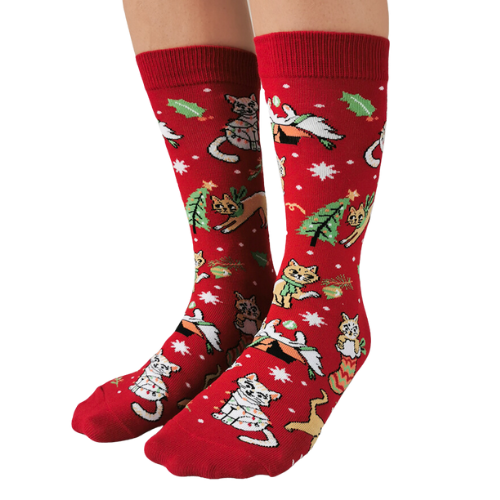 Festive socks from Uptown Sox featuring playful cats in holiday attire, perfect for adding a fun, cozy touch to your winter wardrobe.