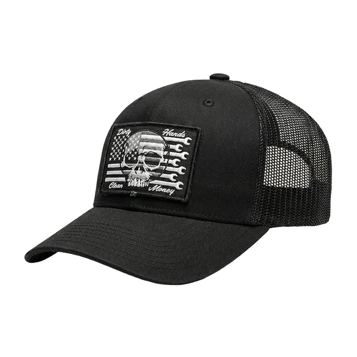 Troll Co. Flagship Skull curved brim trucker hat in black