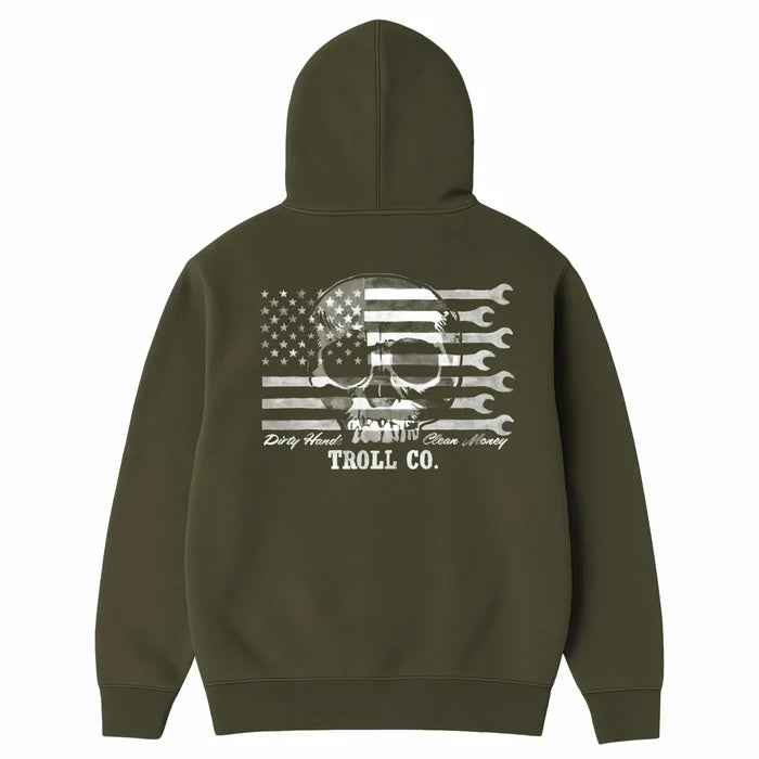 Back view of the Troll Co. Flagship Skull hooded sweatshirt in military green