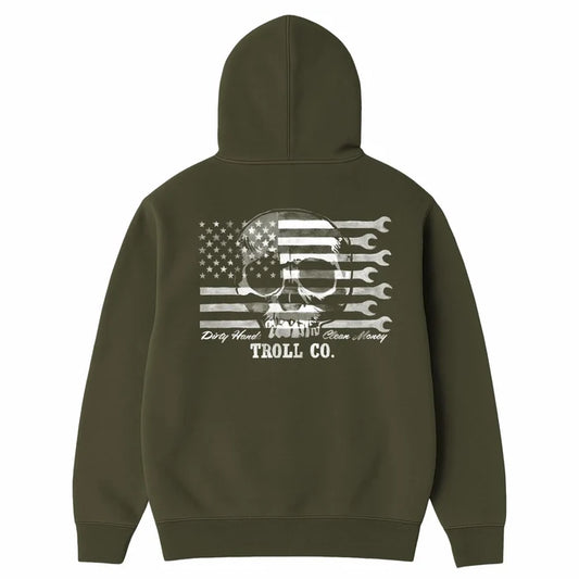 Back view of the Troll Co. Flagship Skull hooded sweatshirt in military green