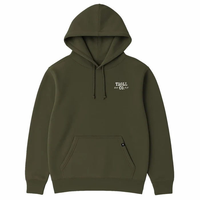 Front view of the Troll Co. Flagship Skull hooded sweatshirt in military green