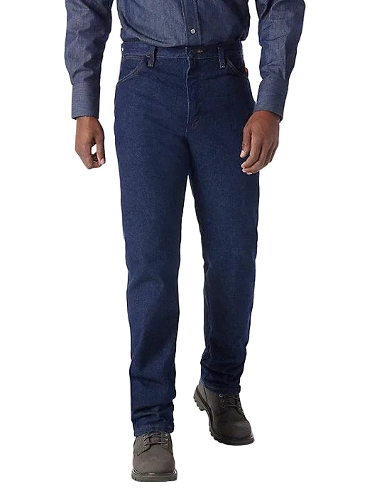 Wrangler flame resistant FR original fit work jean in prewash denim, main product view