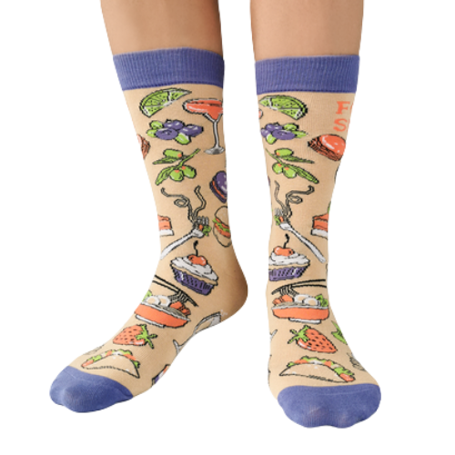 Food Snob Women's Crew Socks. Pilates? Thought you said pie and lattes!  ──────────────── Size Women's shoe size 6-9 Men’s shoe size 4-7 EUR 37-41 ──────────────── Materials & Attributes 70% Combed Cotton, 28% Nylon and 2% Spandex. Reinforced stitching on toe to protect from wear.  Print on Socks: "Food Snob"  ──────────────── Care Machine wash and hang to dry.  Do not iron or bleach.