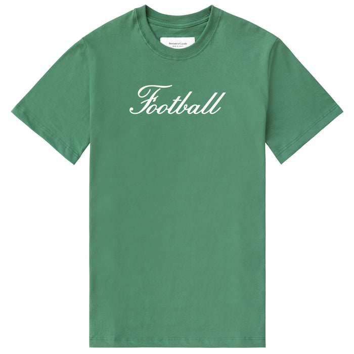 Made in Canada 100% Organic Cotton Soccer Football Script Flag Tee Green - Unisex - Province of Canada