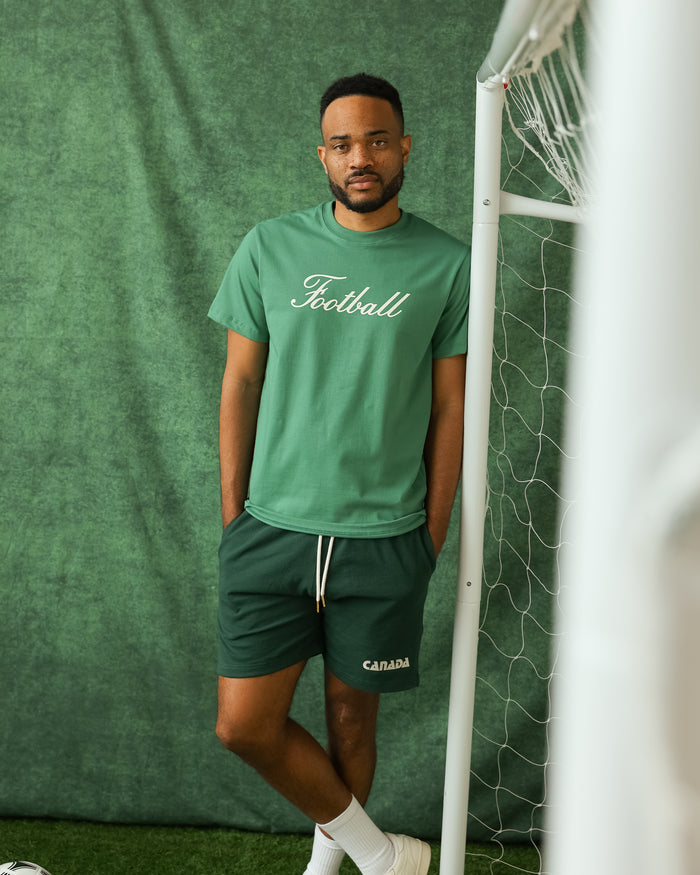 Made in Canada 100% Organic Cotton Soccer Football Script Flag Tee Green - Unisex - Province of Canada