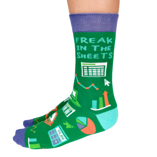A close-up of Uptown Sox's Freak in the Sheets socks, showing a playful design with colorful sheets and quirky details. Perfect for those with a fun sense of humor.