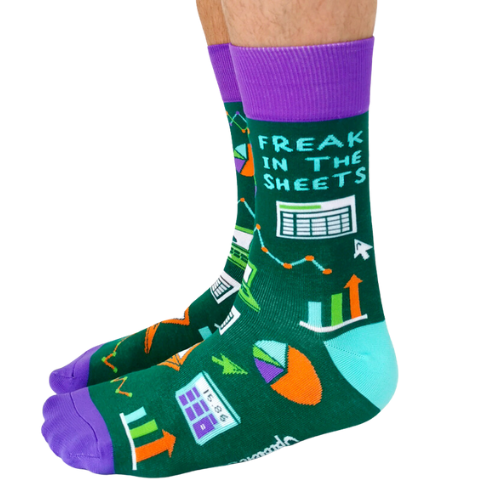 Calculators, spread sheets and graphs are all over these socks with a green background and purple toes and top elastic on the socks.