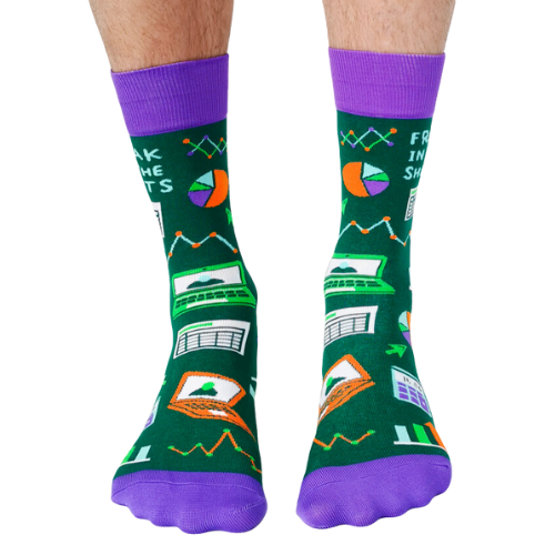 Calculators, spread sheets and graphs are all over these socks with a green background and purple toes and top elastic on the socks.