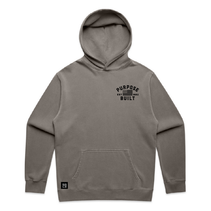 Purpose-Built Freedom heavyweight hoodie in faded grey, alternate graphic view