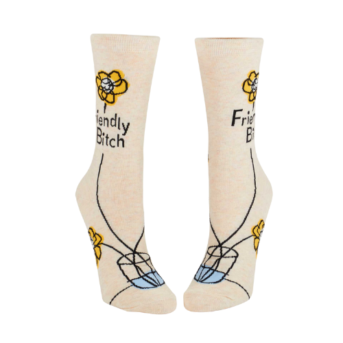 Women’s crew socks featuring the phrase ‘Friendly Bitch’ in a fun, sassy design.