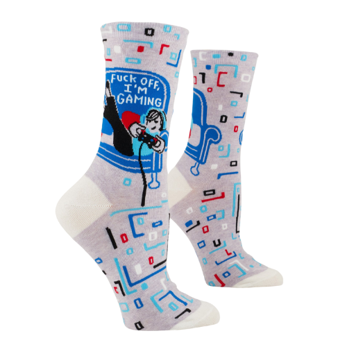BlueQ socks with bold "Fuck Off, I'm Gaming" text, ideal for dedicated gamers who want to make a statement.